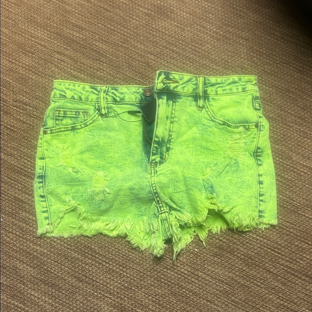 Fashion Nova Neon Lime Distressed Denim Shorts